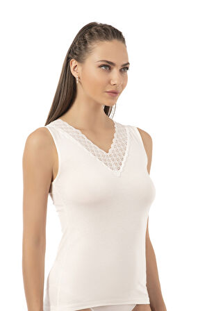 Özkan 26955 Kadın Pamuklu Modal Esnek Yumuşak Önü Dantel Detaylı V Yaka Kalın Askılı Atlet