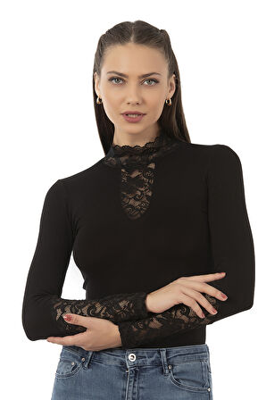 Özkan 26860 Kadın Viskon Esnek Yumuşak Yakası ve Kolları Dantel Detaylı Dik Yaka Uzun Kollu Kancalı Çıtçıtlı Örme Body