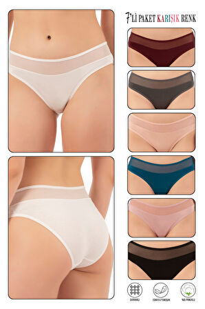 Özkan 26797 7'li Paket Kadın Bel Kısmı Tül Detaylı Likralı Pamuklu Esnek Rahat Slip Bikini Külot