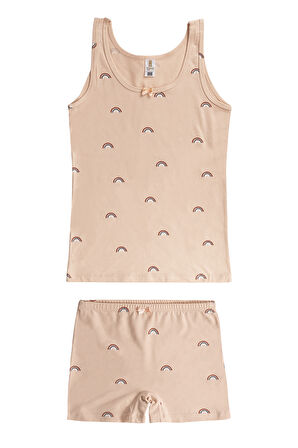 Özkan 43161 Kız Çocuk Pamuklu Desenli Likralı Süprem Esnek Rahat Kalın Askılı Atlet Şort İç Giyim Takım