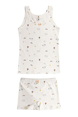 Özkan 43162 Kız Çocuk Pamuklu Desenli Likralı Süprem Esnek Rahat Kalın Askılı Atlet Şort İç Giyim Takım