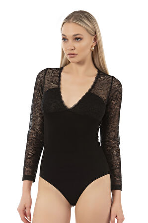 Özkan 26946 Kadın Premium Esnek Kumaş Viskon Dantel Tül Detaylı V Yaka Uzun Kollu Kancalı Çıtçıtlı Body Zıbın