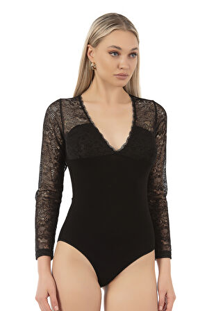 Özkan 26946 Kadın Premium Esnek Kumaş Viskon Dantel Tül Detaylı V Yaka Uzun Kollu Kancalı Çıtçıtlı Body Zıbın