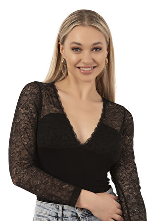 Özkan 26946 Kadın Premium Esnek Kumaş Viskon Dantel Tül Detaylı V Yaka Uzun Kollu Kancalı Çıtçıtlı Body Zıbın