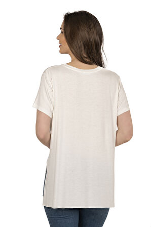 Özkan 27082 Kadın Premium Yumuşak Esnek Kumaş Vorteks Viskon Likralı Önü Yazılı Bisiklet Yaka Kısa Kollu T-shirt