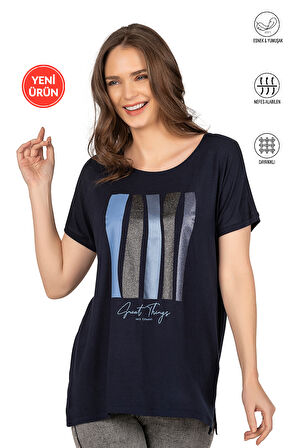 Özkan 26999 Kadın Premium Kumaş Önü Baskılı Likralı Yırtmaç Detaylı Örme Bluz