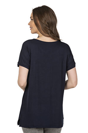 Özkan 26999 Kadın Premium Kumaş Önü Baskılı Likralı Yırtmaç Detaylı Örme Bluz