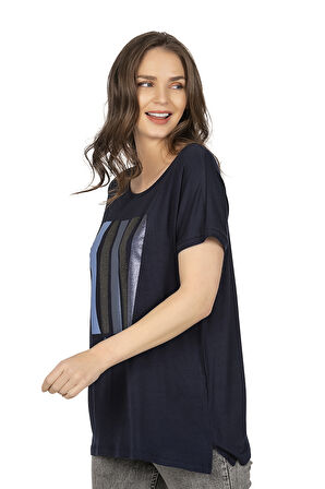 Özkan 26999 Kadın Premium Kumaş Önü Baskılı Likralı Yırtmaç Detaylı Örme Bluz