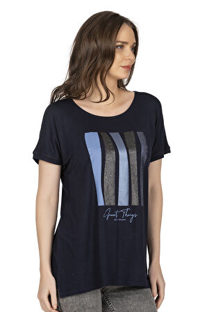 Özkan 26999 Kadın Premium Kumaş Önü Baskılı Likralı Yırtmaç Detaylı Örme Bluz