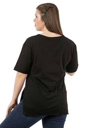 Özkan 27071 Kadın %100 Pamuklu Süprem Esnek Rahat Yuvarlak Yaka Yırtmaç Detaylı Büyük Beden Kısa Kollu T-shirt