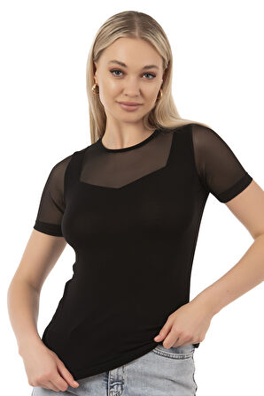 Özkan 26981 Kadın Premium Yumuşak Rahat Kumaş Ring Viskon Slim Fit Bisiklet Yaka Tül Detaylı Kısa Kollu Örme Bluz