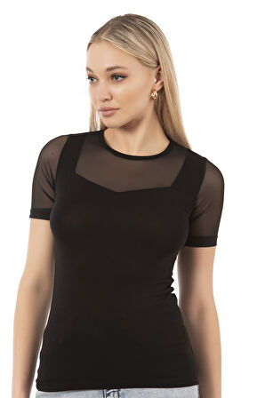 Özkan 26981 Kadın Premium Yumuşak Rahat Kumaş Ring Viskon Slim Fit Bisiklet Yaka Tül Detaylı Kısa Kollu Örme Bluz