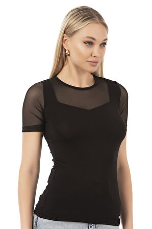 Özkan 26981 Kadın Premium Yumuşak Rahat Kumaş Ring Viskon Slim Fit Bisiklet Yaka Tül Detaylı Kısa Kollu Örme Bluz