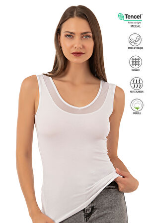 Özkan 22848 Kadın Modal Pamuklu Kalın Askılı V Yaka Tül Detaylı Atlet