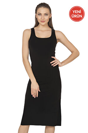 Özkan 27372 Kadın Premium Kumaş Viskon Diz Altı Uzun Esnek Rahat Kalın Askılı Kombinezon Elbise Jüpon Astar