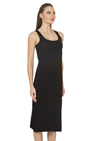 Özkan 27372 Kadın Premium Kumaş Viskon Diz Altı Uzun Esnek Rahat Kalın Askılı Kombinezon Elbise Jüpon Astar