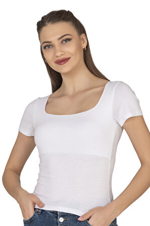 Özkan 27419 Kadın Pamuklu Rahat Kısa Kollu Süprem Kumaş Kare Yaka Crop T-Shirt