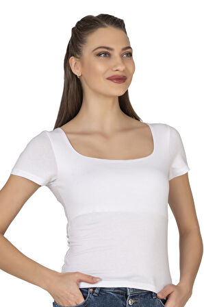 Özkan 27419 Kadın Pamuklu Rahat Kısa Kollu Süprem Kumaş Kare Yaka Crop T-Shirt