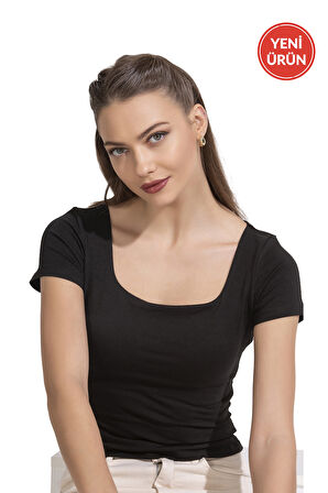 Özkan 27419 Kadın Pamuklu Rahat Kısa Kollu Süprem Kumaş Kare Yaka Crop T-Shirt