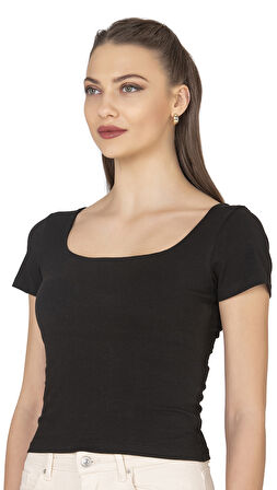 Özkan 27419 Kadın Pamuklu Rahat Kısa Kollu Süprem Kumaş Kare Yaka Crop T-Shirt