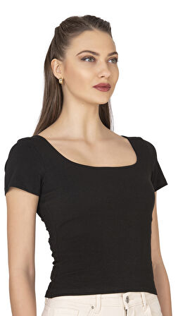 Özkan 27419 Kadın Pamuklu Rahat Kısa Kollu Süprem Kumaş Kare Yaka Crop T-Shirt