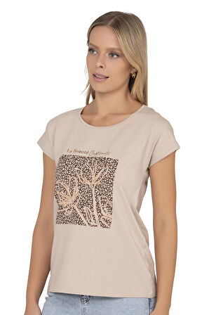 Özkan 27580 Kadın Kahve Vorteks Viskon Premium Kumaş Baskılı Kısa Kollu Örme Bluz