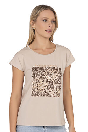 Özkan 27580 Kadın Kahve Vorteks Viskon Premium Kumaş Baskılı Kısa Kollu Örme Bluz