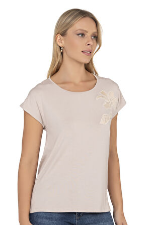 Özkan 27468 Kadın Premium Kumaş Önü Baskılı Likralı Örme Bluz