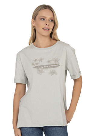 Özkan 27599 Kadın %100 Pamuklu Likrasız Süprem Penye Kumaş Bisiklet Yaka Kısa Kollu T-shirt