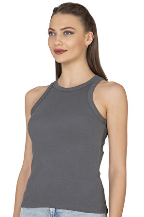 Özkan 27464 Kadın Pamuklu Kaşkorse Fitilli Esnek Rahat Halter Yaka Geniş Biyeli Örme Atlet