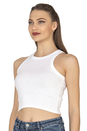 Özkan 27425 Kadın Pamuklu Kaşkorse Fitilli Halter Yaka Esnek Rahat Geniş Biyeli Crop Atlet Büstiyer