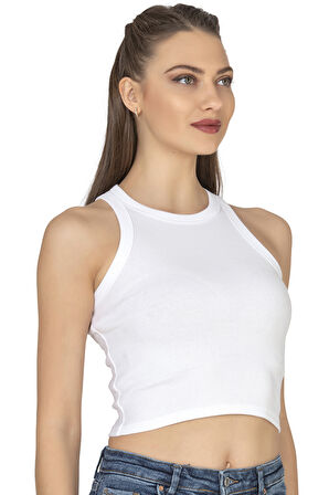 Özkan 27425 Kadın Pamuklu Kaşkorse Fitilli Halter Yaka Esnek Rahat Geniş Biyeli Crop Atlet Büstiyer