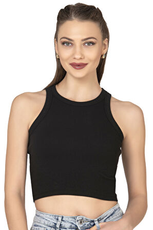 Özkan 27425 Kadın Pamuklu Kaşkorse Fitilli Halter Yaka Esnek Rahat Geniş Biyeli Crop Atlet Büstiyer