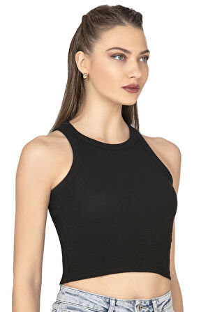 Özkan 27425 Kadın Pamuklu Kaşkorse Fitilli Halter Yaka Esnek Rahat Geniş Biyeli Crop Atlet Büstiyer
