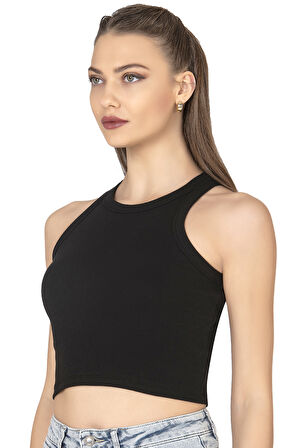 Özkan 27425 Kadın Pamuklu Kaşkorse Fitilli Halter Yaka Esnek Rahat Geniş Biyeli Crop Atlet Büstiyer