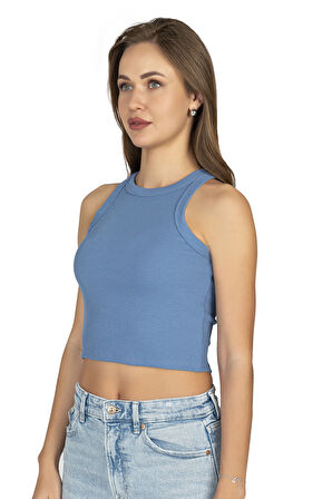 Özkan 27425 Kadın Pamuklu Kaşkorse Fitilli Halter Yaka Esnek Rahat Geniş Biyeli Crop Atlet Büstiyer