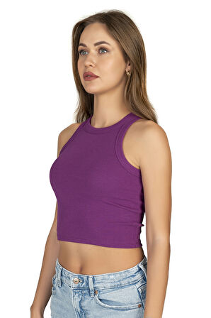 Özkan 27425 Kadın Pamuklu Kaşkorse Fitilli Halter Yaka Esnek Rahat Geniş Biyeli Crop Atlet Büstiyer