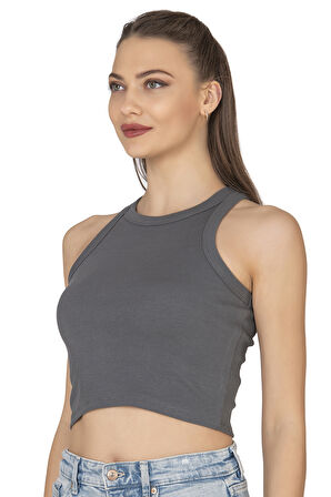 Özkan 27425 Kadın Pamuklu Kaşkorse Fitilli Halter Yaka Esnek Rahat Geniş Biyeli Crop Atlet Büstiyer
