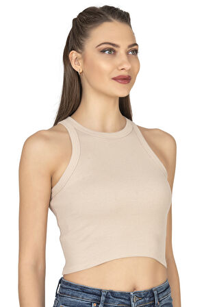 Özkan 27425 Kadın Pamuklu Kaşkorse Fitilli Halter Yaka Esnek Rahat Geniş Biyeli Crop Atlet Büstiyer