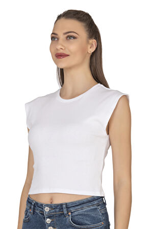 Özkan 27414 Kadın Pamuklu Fitilli Kaşkorse Düşük Kol Bisiklet Yaka Crop T-Shirt Bluz