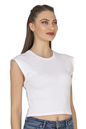 Özkan 27414 Kadın Pamuklu Fitilli Kaşkorse Düşük Kol Bisiklet Yaka Crop T-Shirt Bluz