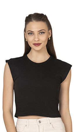 Özkan 27414 Kadın Pamuklu Fitilli Kaşkorse Düşük Kol Bisiklet Yaka Crop T-Shirt Bluz