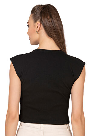 Özkan 27414 Kadın Pamuklu Fitilli Kaşkorse Düşük Kol Bisiklet Yaka Crop T-Shirt Bluz
