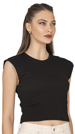 Özkan 27414 Kadın Pamuklu Fitilli Kaşkorse Düşük Kol Bisiklet Yaka Crop T-Shirt Bluz