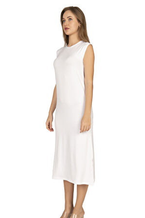 Özkan 27670 Kadın Viskon Premium Kumaş Uzun Boy Kapalı Yaka Tesettür Astar Kombinezon Sıfır Kol Elbise Jüpon