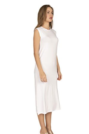 Özkan 27670 Kadın Viskon Premium Kumaş Uzun Boy Kapalı Yaka Tesettür Astar Kombinezon Sıfır Kol Elbise Jüpon