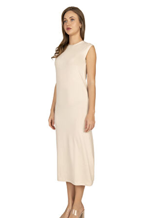 Özkan 27670 Kadın Viskon Premium Kumaş Uzun Boy Kapalı Yaka Tesettür Astar Kombinezon Sıfır Kol Elbise Jüpon