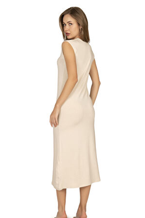 Özkan 27670 Kadın Viskon Premium Kumaş Uzun Boy Kapalı Yaka Tesettür Astar Kombinezon Sıfır Kol Elbise Jüpon