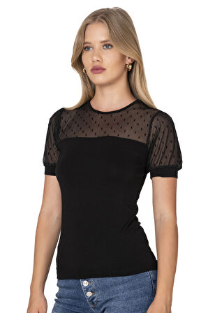 Özkan 27680 Kadın Premium Kumaş Ring Viskon Kısa Kollu T-Shirt Bluz Bisiklet Yaka Tül Detaylı