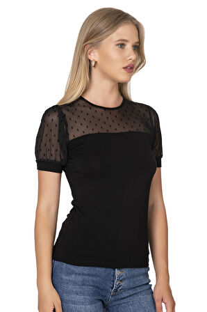 Özkan 27680 Kadın Premium Kumaş Ring Viskon Kısa Kollu T-Shirt Bluz Bisiklet Yaka Tül Detaylı